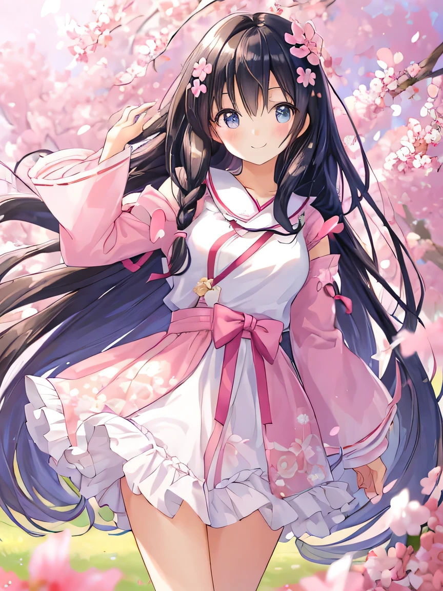 ((masterpiece)), ((best quality)), (ultra-detailed), ((kawaii)), cute, (lovely), illustration, anime style, a cute girl, solo, beautiful black hair, long hair, detailed hair, hair between eyes, (beautiful eyes), outdoors, wind blowing, hair ribbon, standing, smile, sakura petals, serene expression, sunlight, nature, vibrant colors, background scenery, high detail, dynamic pose, elegant, glossy hair, hair ornament, hair strands, subtle blush, realistic shading.