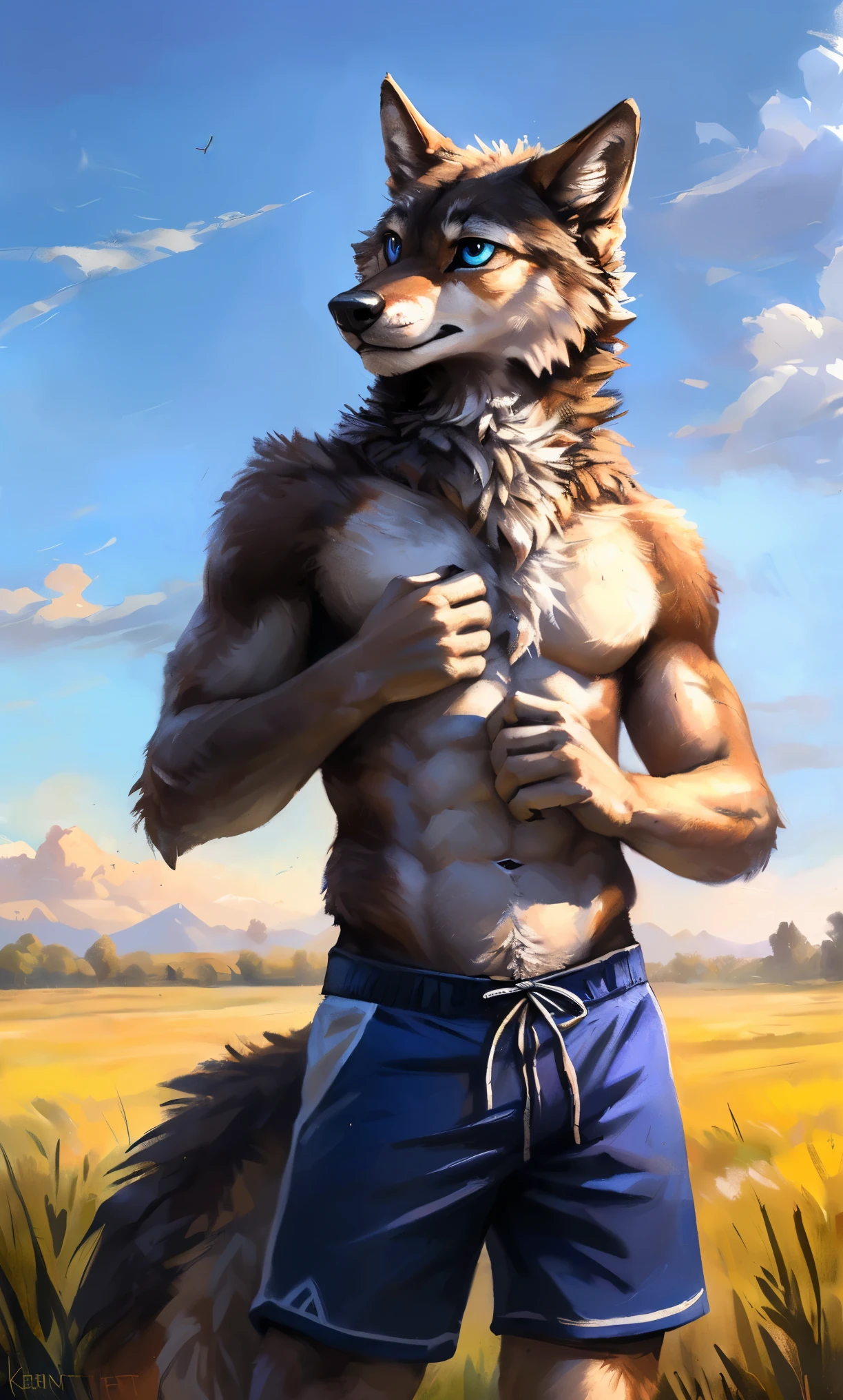 ((Solo)), male people, anthro wolf, (Multi-colored fur, White-brown:1.3,White tail pointed), (Height 2.1m,Tail length 1.2m), ((Wolf face, Big eyes, White eyelids, Blue pupil, Slim:1.2) (Tough, Calm expression:1.2)), Abs, Slim, pinging)), (Correct anatomy), (Work shorts:1.1), The upper body naked, (detailed outfits),A long big tail,Feet,(Realistic fur, Detailed fur texture, labeled:1.3)), (Natural lighting), Photorealistic, Hyperrealistic, ultradetailed, by Kenket,Field,erect through,Running on