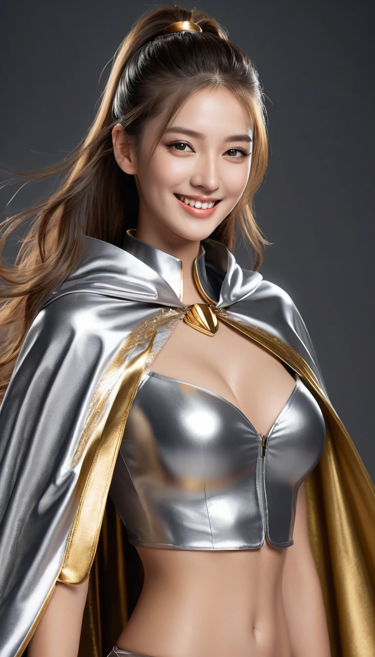 (RAW photo, best quality, masterpiece, ultra-detailed, high res), (realistic),(extremely delicate and beautiful:1), mesmerizing woman with long hair in sleek high ponytail , (((wearing glossy silver and gold lined cloak fastened at the neck :1.20))), crop top and hotpants , detailed features, smiling expression of feelings, imaginative, highly detailed, extremely high-resolution details, photographic, realism pushed to extreme, fine texture, 4k, ultra-detailed, high quality, high contrast, full body shot