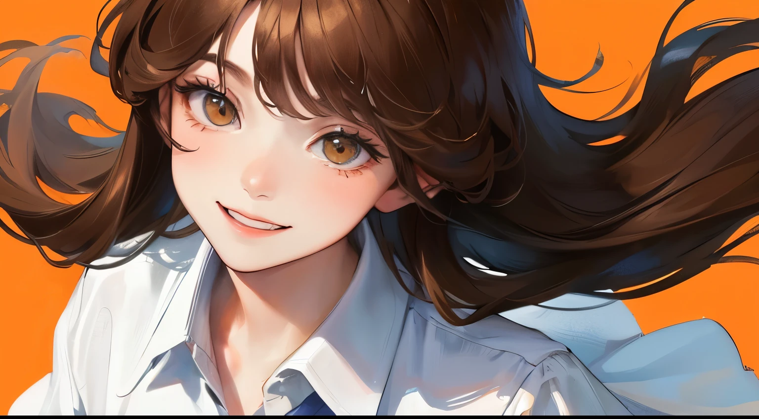 (((Looking up)))、(((View from above)))、((1 person)),Masterpiece,best quality, ((Embarrassed smile))), ,((White shirt))、((Light orange background))、determined expression, Upper body diagram、 (Highest Resolution、Clear_image)、Best Quality、Light and shadow contrast、((illumination))、Very detailed、Semi-realistic、Semi-long hairstyle、Brown Hair、bangs、19 years old、 Lady,,young、((View from top))、Delicate Facial Features
