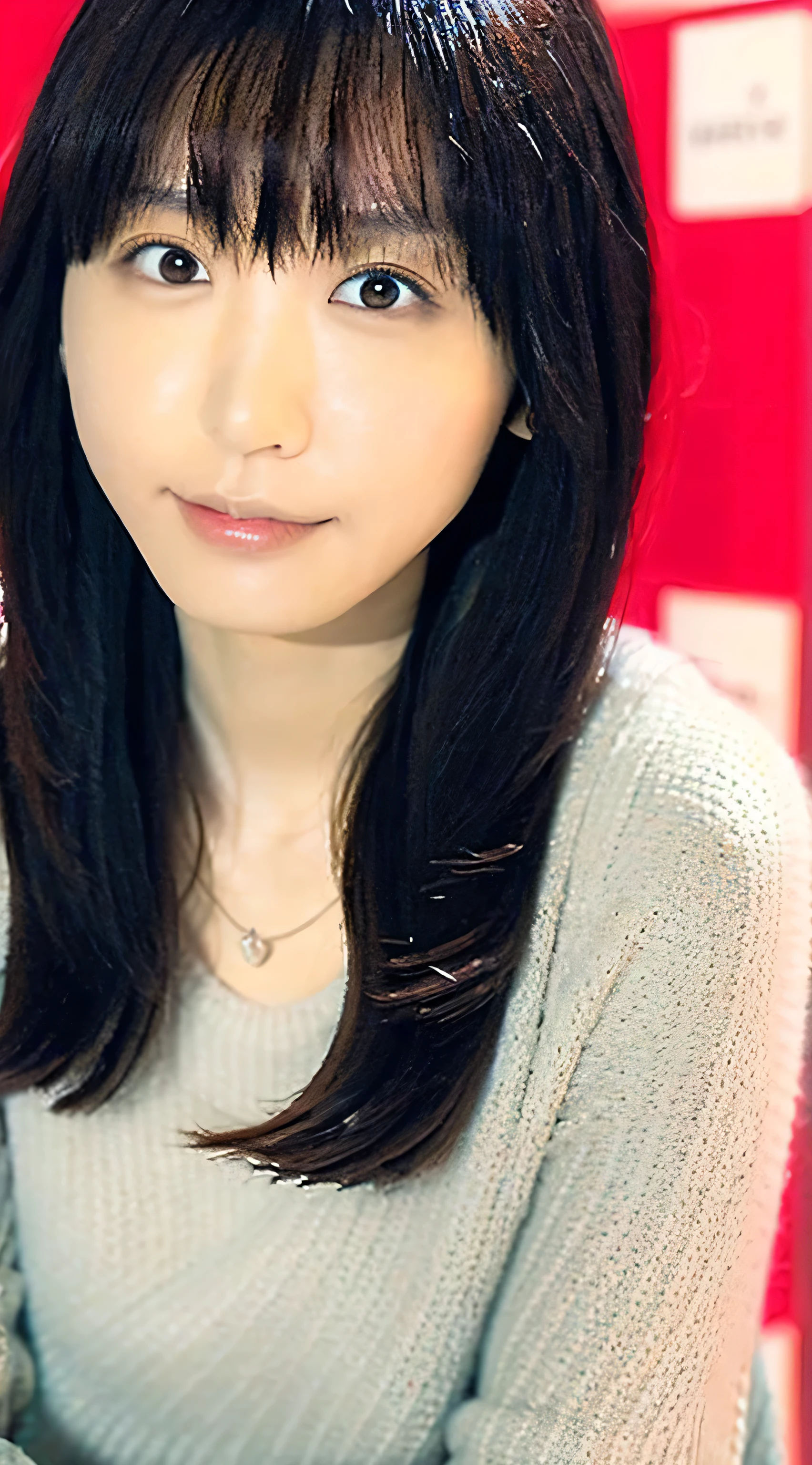 (top-quality、8K、32K、masterpiece、nffsw:1.2)、Photo of a cute Japanese woman、Colossal tits:1.4、very short bobbed hair、The upper part of the body、sface focus、Oversized_Sweaters、a necklace、simple background、From above、looking at the viewers、cleavage of the breast:1.5、Balanced body