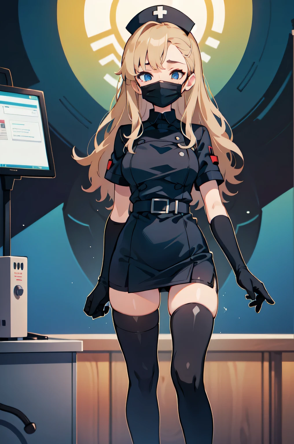 black nurse, 1woman, solo, black nurse cap, black nurse uniform, ((black legwear, zettai ryouiki)), black elbow gloves, blonde hair, blue eyes, ((black surgical mask, covered nose)), standing, ((surgery room)), sharp outline, short sleeves, mature female, 35 years old, best quality, masterpiece