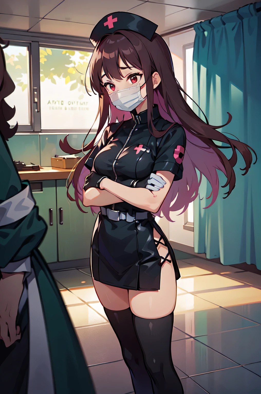 black nurse, 1woman, solo, black nurse cap, black nurse uniform, ((black legwear, zettai ryouiki)), black elbow gloves, long hair, purple hair, red eyes, ((black surgical mask, covered nose)), standing, ((surgery room)), sharp outline, short sleeves, mature female, 35 years old, best quality, masterpiece