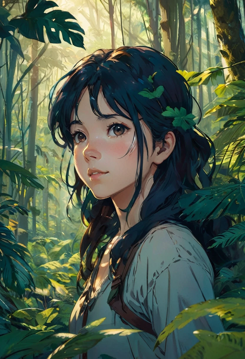 "A young girl is pictured in her natural jungle environment. She wears simple, practical clothing suited to life in the forest. Her hair is loose and disheveled, showing a connection with nature. The girl exudes an expression of determination and confidence, reflecting its adaptation to the wild environment. The lush vegetation around highlights its serene and harmonious presence with the jungle. The light filtered through the treetops creates a play of shadows and lights, adding depth and mystery to the scene."