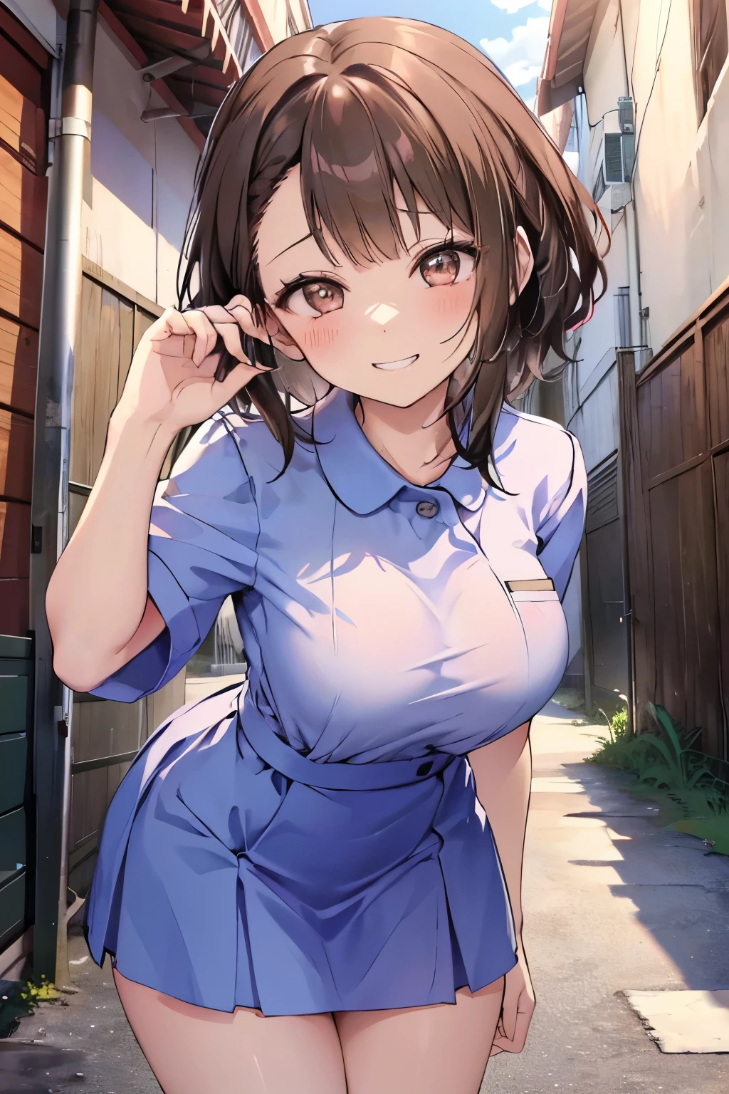 (8K、Highest quality、highest quality、masterpiece)、Detailed face、One girl、 Black Hair、short hair、、blunt bangs、Grey Eyes、evil smile、((Grin))、Small breasts、((camisole))、((skirt))、Cowboy Shot、((bent over))、Back Alley Background、Very large breasts、cheeks are bright red、Blushing、in trouble、nurse's uniform