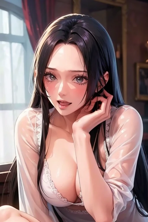 (((masterpiece))), (((best quality))), ((ultra-detailed)), (highly detailed CG illustration), Boa Hancock, , (masterpiece:1.5), Detailed Photo, Smiling, Sexy, (Best Quality: 1.4), (1girl), Beautiful Face, (Black Hair, long Hair: 1.3), Beautiful Hairstyle,  beautiful detail eyes, (realistic skin), beautiful skin, absurd, attractive, ultra high resolution, high definition, (sexually aroused:1.5), Pinkish white skin, cool white light, sexy pose, Beautiful , white background, pink soft white light, Wear a white dress