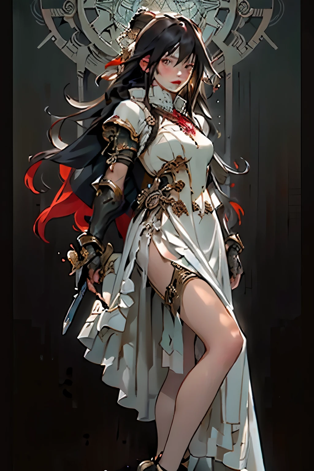 ((best quality)), ((masterpiece)), (detailed), perfect face official art, unity 8k wallpaper, ultra detailed, beautiful and aesthetic, masterpiece, best quality, (zentangle, mandala, tangle, entangle), (fractal art:1.3) , 1girl, extremely detailed, dynamic angle, cowboyshot, the most beautiful form of chaos, elegant, a brutalist designed, vivid colours, romanticism, Bloodborne inspired, occult aesthetic, occult, detailed and intricate steampunk and detailed gothic, NSFW, Very dramatic and cinematic lighting, cosmic horror, grim-dark, side-lighting, perfect face, a beaituful goddess valkyrie adorned and enshrined in armour, Bloodborne inspired valkyrie, occult aesthetic valkyrie, occult valkyrie, detailed and intricate steampunk and detailed gothic valkyrie, wielding a sword and holding a shield, NSFW, Fluttering lace flared long knee length dress with frilly petticoats, knee length dress, pleated petticoats, ta dress, petticoats gothic loliside-lighting, gothic lolita aetic, beautiful small breasts, small breasts, full body, whole body, body, NSFW, full body, whole body, head-to-toe, Vivid colors, detailed armor, engraved metallic armor white and black with gold ascents , intricate designs on the armor, intricate armor engravings, imposing and powerful stance, fierce , flowing hair, dynamic pose, intense battle scene, fantasy setting, vibrant colors, dramatic lighting, epic atmosphere, mythical creatures in the background, magical effects surrounding the sword, attention to anatomy and facial features, iconic use of highlights and shadows, capturing emotion, masterful composition, portraying strong female characters, (1 Men 1.5),(Hairstyles: Red curls,),Beard, Roman mythology,8k wallpaper,finely quality eyes,Right eyes,correct hand, Ultra-detailed, Beautiful and aesthetically pleasing, best qualityer, (s fractal art: 1.3), Machine detailed, dynamic angle, Cowboy shot, The most beautiful forms of chaos, elegant, Fauvis tdesign, vivd colour, romanticism,