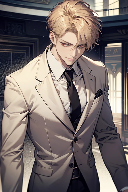 Masterpiece, best quality, finely details, red eyes, short blonde hair, smirk facial expression, white shirt, elegant, black suit.