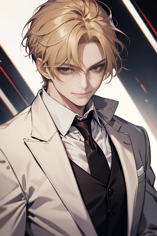 Masterpiece, best quality, finely details, red eyes, short blonde hair, smirk facial expression, white shirt, elegant, black suit.