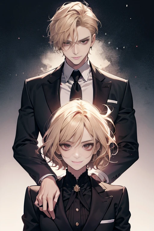 Masterpiece, best quality, finely details, red eyes, short blonde hair, smirk facial expression, white shirt, elegant, black suit.