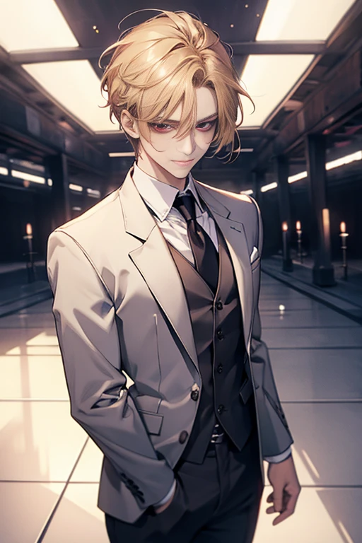 Masterpiece, best quality, finely details, red eyes, short blonde hair, smirk facial expression, white shirt, elegant, black suit.