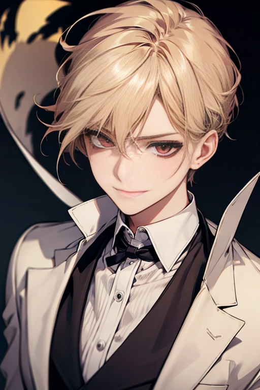 Masterpiece, best quality, finely details, red eyes, short blonde hair, smirk facial expression, white shirt, elegant, black suit.