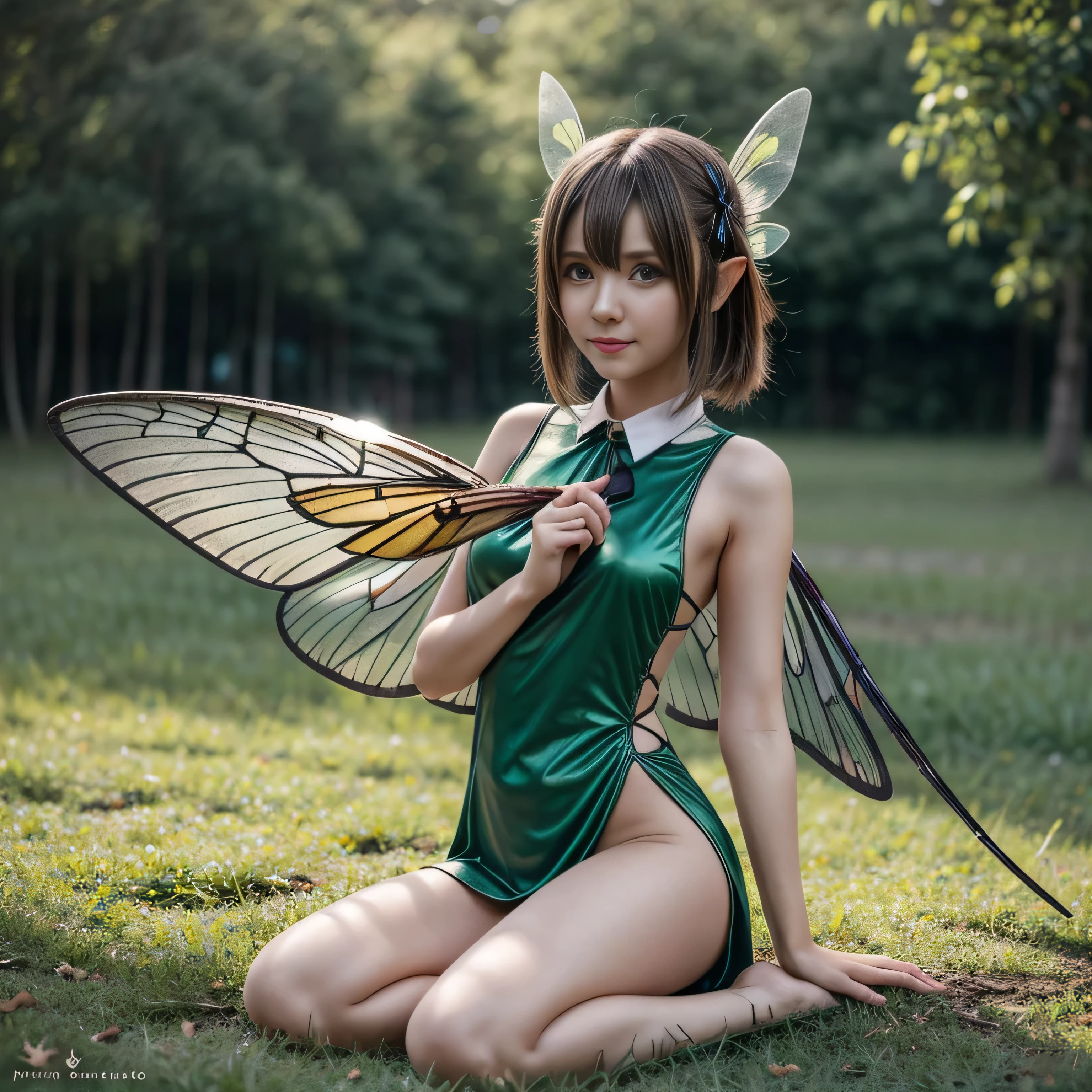 Anime girl in green and black costume on wings and green background, pixie character, fairy, forest fairy, insect trainer girl, brunette elf with fairy wings, pixie, cute anime girl rendering, April rendering, fairy dance, open legs,