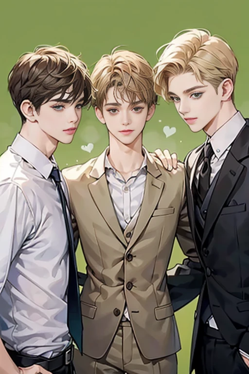 Friends, 3 boys, brothers, different hair color, short dark hair and brown eyes, short blonde hair and green eyes, short brown hair and brown eyes, side by side, suit, smile, white clothe, 25 years old