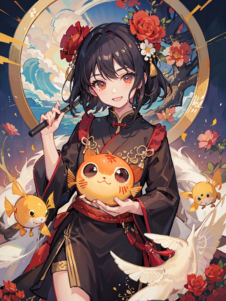 highest quality、Masterpiece、chinese buildings、Lots of roses、One girl、Black Hair、Short Hair、Smile、Red kimono with goldfish pattern、carrying a large umbrella