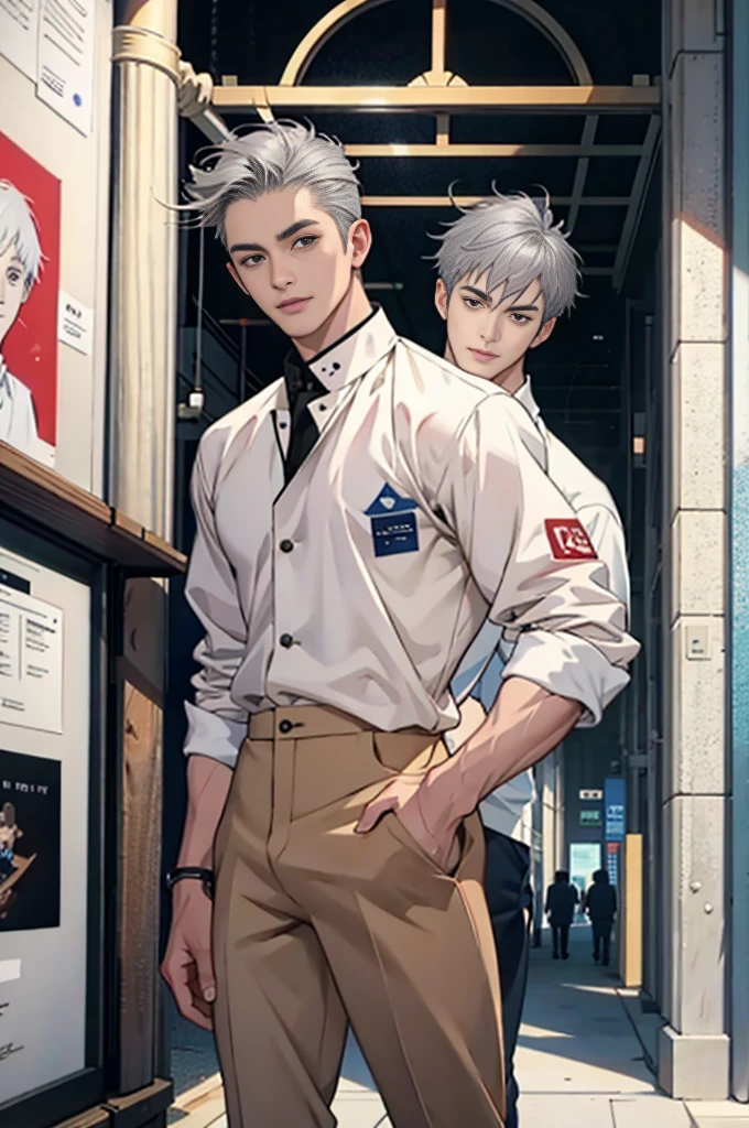 (tmasterpiece,Ultra-high resolution,16k UHD,high qulity),low tune,Art exhibitions,ad,tvp,standing on your feet,looking at viewert,Jumpsuit,tmasterpiece,In the gallery,sitted,(Gray hair),Brown eyes,Turn to the back,ssmile,Seoul,(small heads),Precise anatomy,Precise hand structure,Masculine face shape,Dregs,white apparel,Unity 16K wallpaper,concept-art,One guy,8K eyes,(((Mature male))),(short detailed hair),Designer clothing,(photorealiscic face:1.8),broad shoulder,slips,(full bodyesbian:1.6),Male 18,