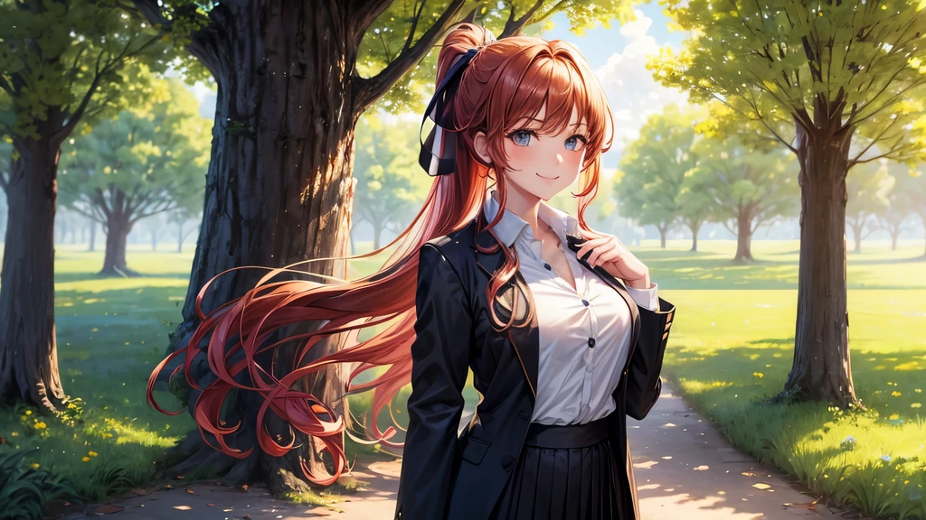 1girl, full body, solo, summer, village, trees, sun, clouds, ((colorful hair)), long hair, curly hair, ponytail, large breasts, ((black blazer)), button down shirt, ((white shirt)), ((short sleeved shirt)), ((unbuttoned shirt)), unbuttoning buttons, brown eyes, skirt, smile, looking at the viewer, standing, hair ribbon, golden necklate, hand on hip, cheers