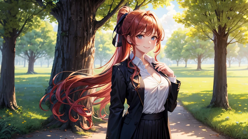 1girl, full body, solo, summer, village, trees, sun, clouds, ((colorful hair)), long hair, curly hair, ponytail, large breasts, ((black blazer)), button down shirt, ((white shirt)), ((short sleeved shirt)), ((unbuttoned shirt)), unbuttoning buttons, brown eyes, skirt, smile, looking at the viewer, standing, hair ribbon, golden necklate, hand on hip, cheers