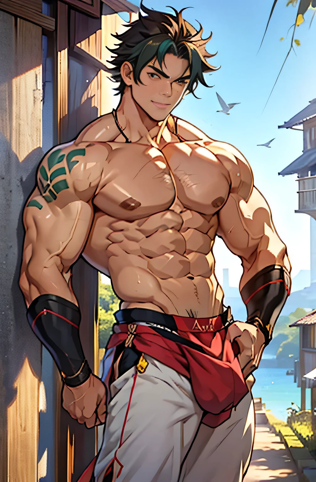 show off thick arms to the audience，closeup of armuscle protrusions on shoulders，Shoulders exposed，Stout arms，A mais alta qualidade de imagem，Pessoas do sexo masculino，，1 ，jovem e bonito，Shoun，cabelos brancos，Cabelo liso curto，Pele escura，Anime peito grande，anime wallpaper，sozinho，Foco Masculino，cuecas，Dilation of the pectoral muscles，capa vermelhirilha saliente，Fundo Urbano，Espalhe as pernas，sexy,(master part, best quality),meias brancas longaotas Red Martin，((Exaggerated bulge of muscles))，