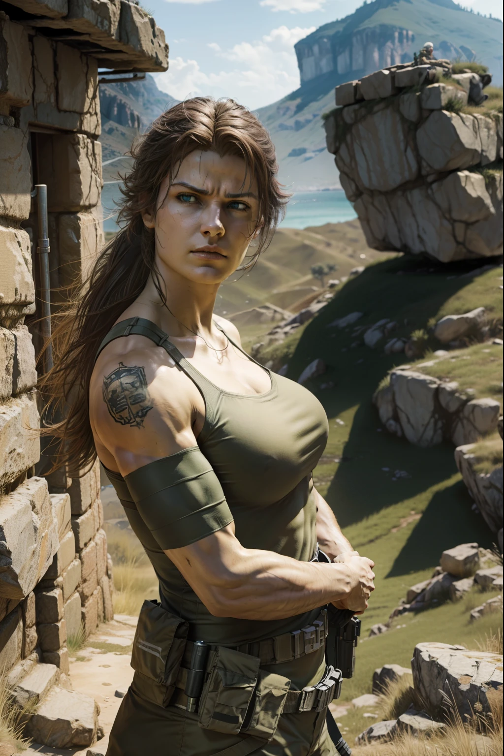 (highres,ultra-detailed,realistic,professional), Solid Snake (video game character), standing upright with crossed arms, in the background