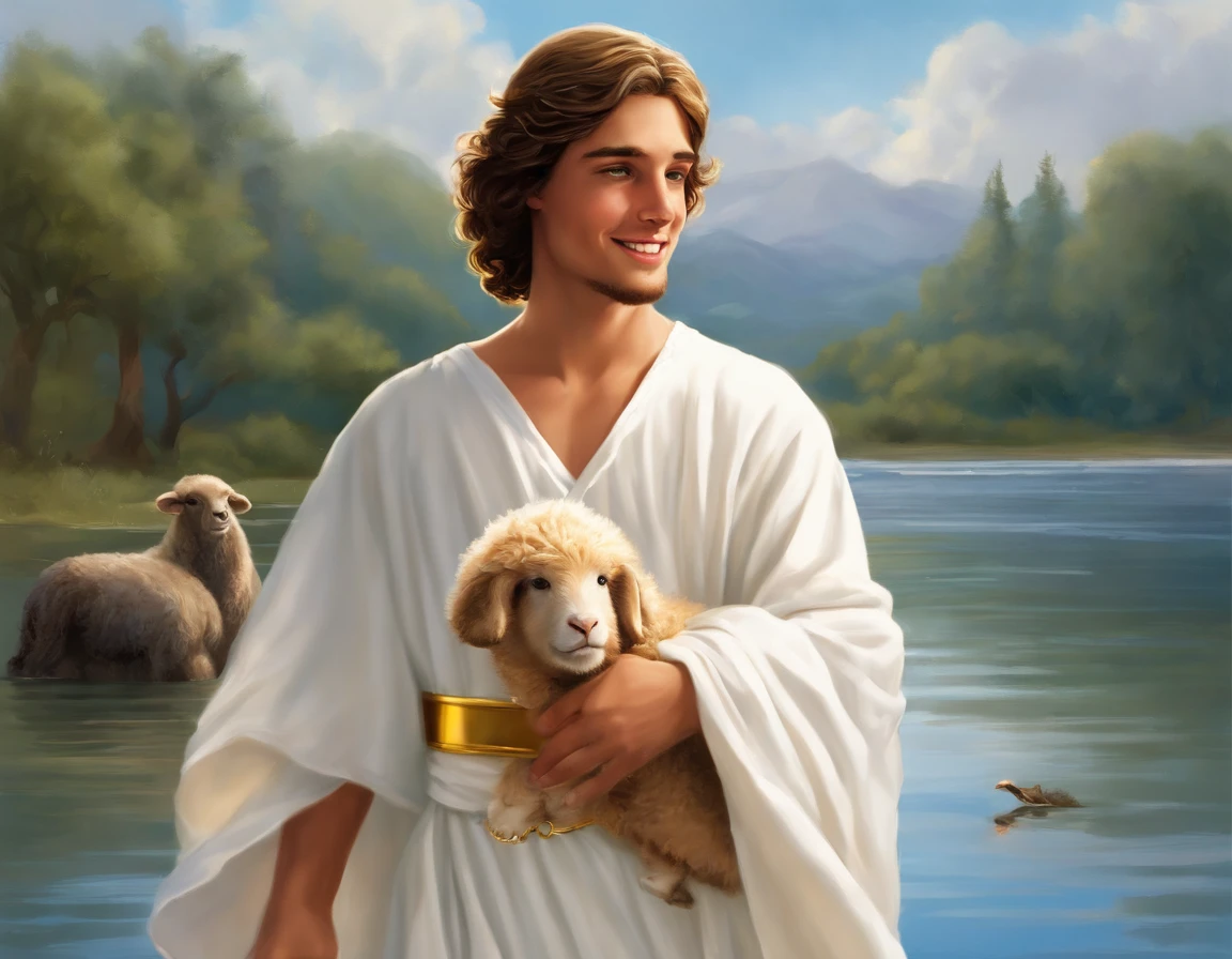  cartoon teenage Jesus, short hair and big beard, Teenage Jesus Christ, Dressed as white robe with golden sash, Teenage Jesus walking on water, Teenage Jesus Christ greeting you warmly, Teenage Jesus face, Teenage Jesus carrying a sheep, Jesus teenager hugging a ,Awesome,Teenage Jesus,Teenage Jesus is happy,Bible illustration