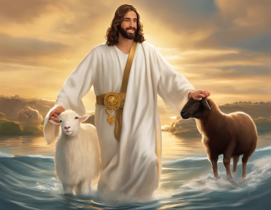 cartoon teenage Jesus, short hair and big beard, Teenage Jesus Christ, Dressed as white robe with golden sash, Teenage Jesus walking on water, Teenage Jesus Christ greeting you warmly, Teenage Jesus face, Teenage Jesus carrying a sheep, Jesus teenager hugging a ,Awesome,Teenage Jesus,Teenage Jesus is happy,Bible illustration
