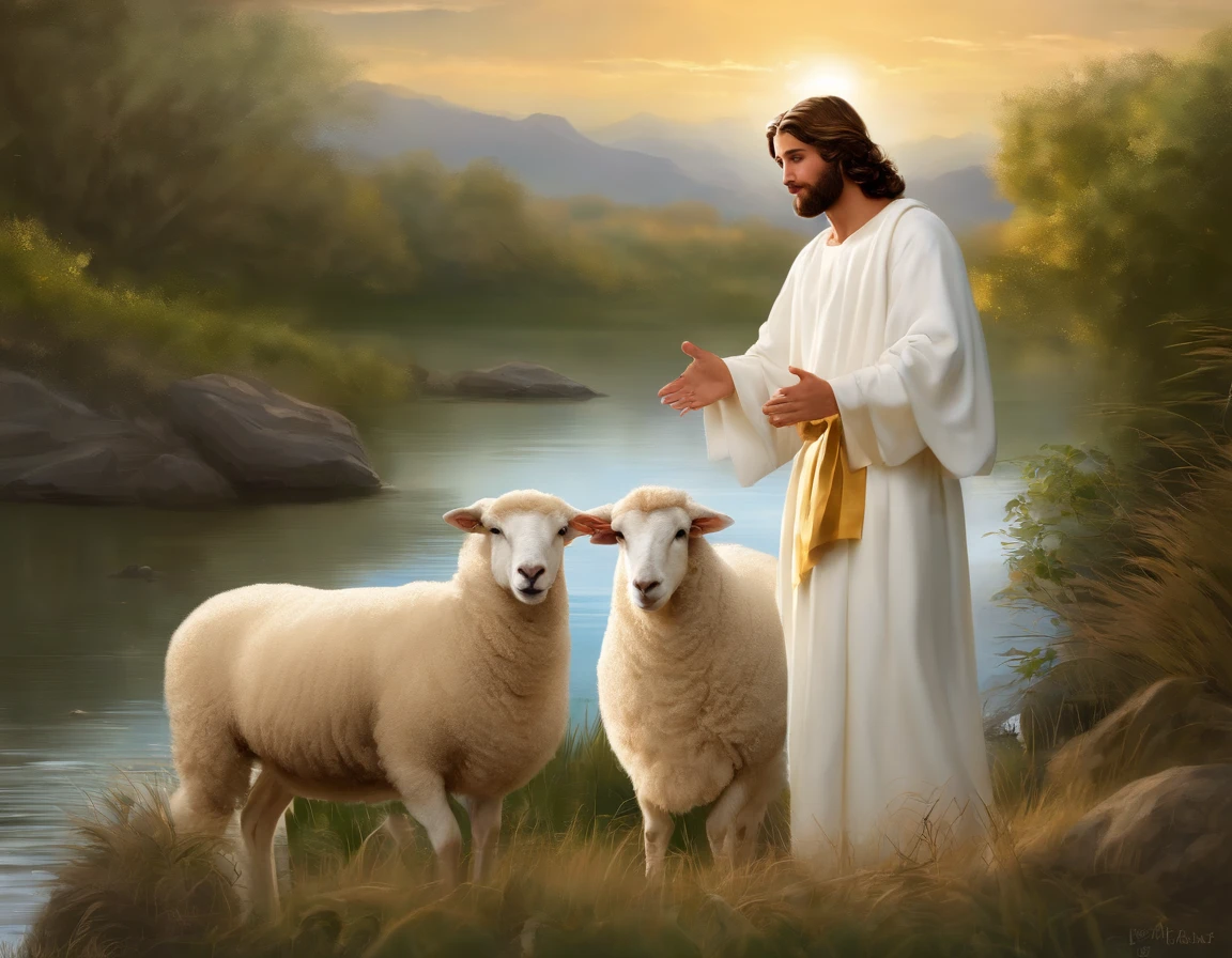 cartoon teenage Jesus, short hair and big beard, Teenage Jesus Christ, Dressed as white robe with golden sash, Teenage Jesus walking on water, Teenage Jesus Christ greeting you warmly, Teenage Jesus face, Teenage Jesus carrying a sheep, Jesus teenager hugging a ,Awesome,Teenage Jesus,Teenage Jesus is happy,Bible illustration