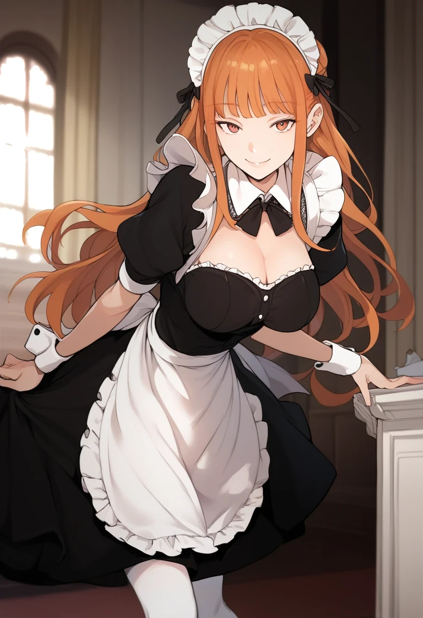 score_9, score_8_up, score_7_up, uncensored, masterpiece, best quality, high resolution, all intricate, 1girl, solo, leaning forward, smile, bangs, breasts, maid headdress, maid, frills, black dress, detached collar, puffy short sleeves, wrist cuffs, apron, white thighhighs, long hair, orange hair, looking at viewer,