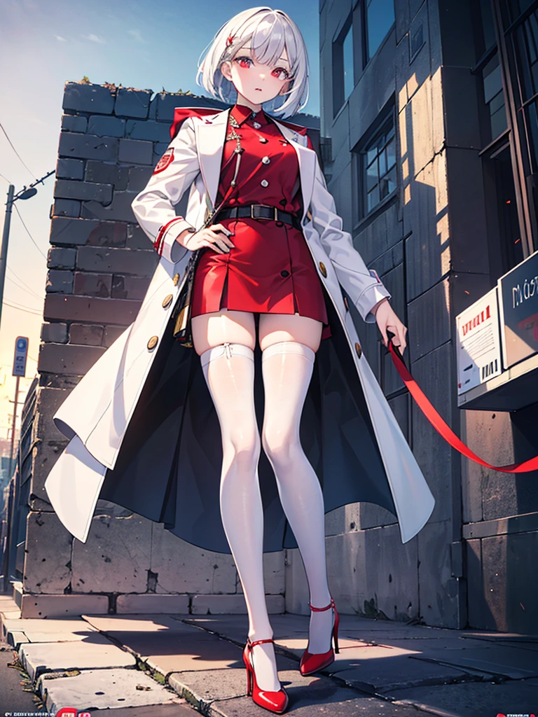 ((masterpiece)),((best quality)),official art,extremely detailed CG unity 8k wallpaper, masterpiece,best quality,female,bob cut,white hair,(white high heels),((red overcoat)),red pupil,black cargo pants,(((extremely detailed shirt))),extremely detailed light,beautiful detailed sky,black ribbon,beautiful detailed girl,beautiful detailed eyes and face,extremely detailed expression,side braid in the left,((single person))