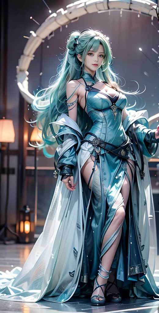 Super cuteness, Curvaceous, (64 K,cinematography of the highest quality),( masutepiece: 1.2), (Realistic, Photorealistic) (Tube attached to the body), (Bikini Cyborg Robot Parts), (aqua hair), Long hair,bun-hairstyle, Twin-tailed, medium shot, ( Seductive smile)), Double eyelids,Hutsune Miku, From below, (Whole body),Posing,,In the laboratory,( Mechanical neck attached to mechanical vertebral neck attached to back with tubes connected to blood vessels)),(Wires and cables mounted on the head and body),(Character Focus),Science fiction,Perfect female figure, parfect anatomy, Full body shot, detailed fingers,Smooth skin,Depth of field focus, (Ultra-realistic details)), contrast, shadow, Octane Rendering, 64k, Extremely sharp, Cleavage exposed, Rawhide, Exquisite decorative details, Japan Details, Very intricate details, realistic light, CG art Soation, Neon details, Small LED lights.