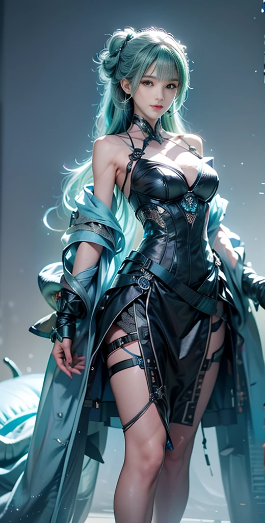 Super cuteness, Curvaceous, (64 K,cinematography of the highest quality),( masutepiece: 1.2), (Realistic, Photorealistic) (Tube attached to the body), (Bikini Cyborg Robot Parts), (aqua hair), Long hair,bun-hairstyle, Twin-tailed, medium shot, ( Seductive smile)), Double eyelids,Hutsune Miku, From below, (Whole body),Posing,,In the laboratory,( Mechanical neck attached to mechanical vertebral neck attached to back with tubes connected to blood vessels)),(Wires and cables mounted on the head and body),(Character Focus),Science fiction,Perfect female figure, parfect anatomy, Full body shot, detailed fingers,Smooth skin,Depth of field focus, (Ultra-realistic details)), contrast, shadow, Octane Rendering, 64k, Extremely sharp, Cleavage exposed, Rawhide, Exquisite decorative details, Japan Details, Very intricate details, realistic light, CG art Soation,  Neon details, Small LED lights.