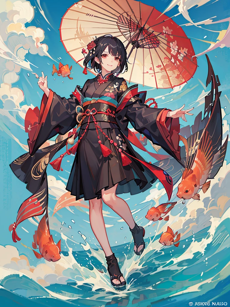 highest quality、Masterpiece、chinese buildings、Lots of roses、One girl、Black Hair、Short Hair、Smile、Red kimono、Goldfish pattern、carrying a large umbrella