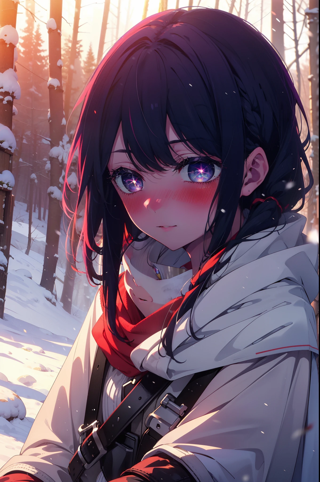 aihoshino, Ai Hoshino, Long Hair, bangs, (Purple eyes:1.1), Purple Hair, (Symbol-shaped pupil:1.5), smile,,smile,blush,White Breath,
Open your mouth,snow,Ground bonfire, Outdoor, boots, snowing, From the side, wood, suitcase, Cape, Blurred, , forest, White handbag, nature, Squat, Mouth closed, Cape, winter, Written boundary depth, Black shoes, red Cape break looking at viewer, Upper Body, whole body, break Outdoor, forest, nature, break (masterpiece:1.2), highest quality, High resolution, unity 8k wallpaper, (shape:0.8), (Beautiful and beautiful eyes:1.6), Highly detailed face, Perfect lighting, Extremely detailed CG, (Perfect hands, Perfect Anatomy),