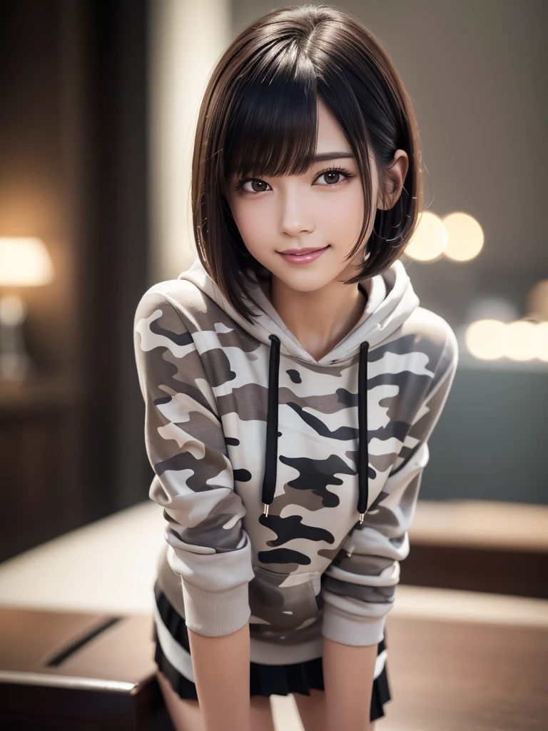 (8k, RAW Photos, highest quality, Tabletop:1.2), (Realistic, Photorealistic:1.4), (Highly detailed 8k wallpaper), Sharp focus, Depth of written boundary, Blur the background, Bokeh, Cinema Lighting, Soft Light, (whole body), 1 girl,18 years old famous Japanese idol, Perfect female body, indoor, (White and grey camouflage hoodie and black micro mini pleated skirt : 1.3), (Long, slender legs), (smile), Glossy lips, Beautiful fine details,Natural Makeup, Shiny and smooth light brown short bob hair, Asymmetrical bangs, Shiny skin, Center image, High resolution, Attention to detail, Detailed hairstyle, Detailed face, 素晴らしいCinema Lighting, Octane Rendering, Vibrant, Ultra-realistic, Perfect limbs, Perfect Anatomy