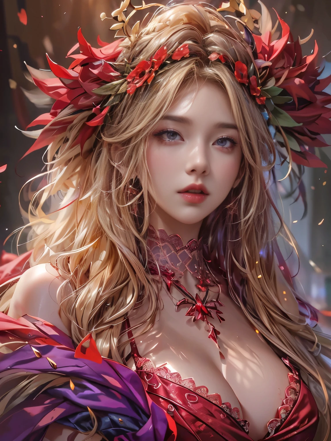 Ultra-high resolution, highest quality, photograph, 4K, (Realistic:1.4), Girl with a wreath on her head, Long Blonde Hair, Big firm Breasts, hard nipples, Sexy, Sharp Eyes, Break, dynamic sexy poses, sweat, wearing (red:1.2) see-through long frilly dress, lace long cape, jewelries, cleavage is exposed, Add light purple and purple, Add Light Red, Intricate details, Splash screen, 