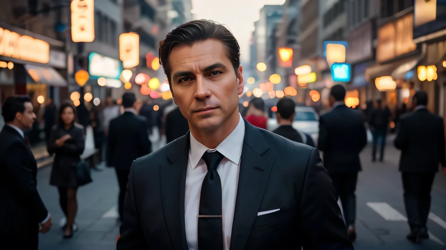 Develop an ultra-realistic image of a handsome man who appears to be around 45 years old, with slicked-back hair, wearing a suit, standing on a busy city street. The background should be blurred to highlight the person, with soft bokeh lights suggesting either dawn or dusk.