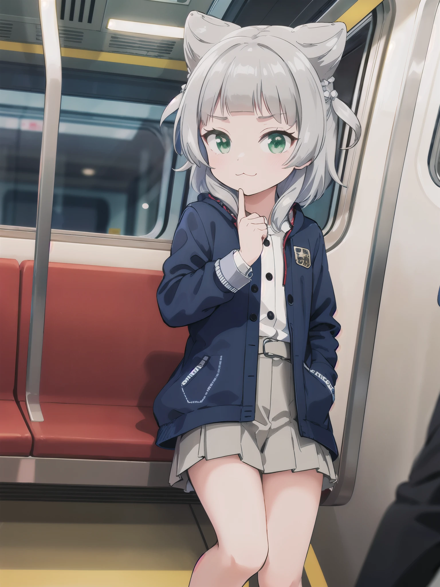 Yukino Agria, short hair, (brown eyes:1.5), gray hair, hair ornaments, hair flower, ((((serafuku)))), pleated mini skirt, big breasts, (((from below))), panty shot, (((((throw))))), ((inside a train, sitting)),