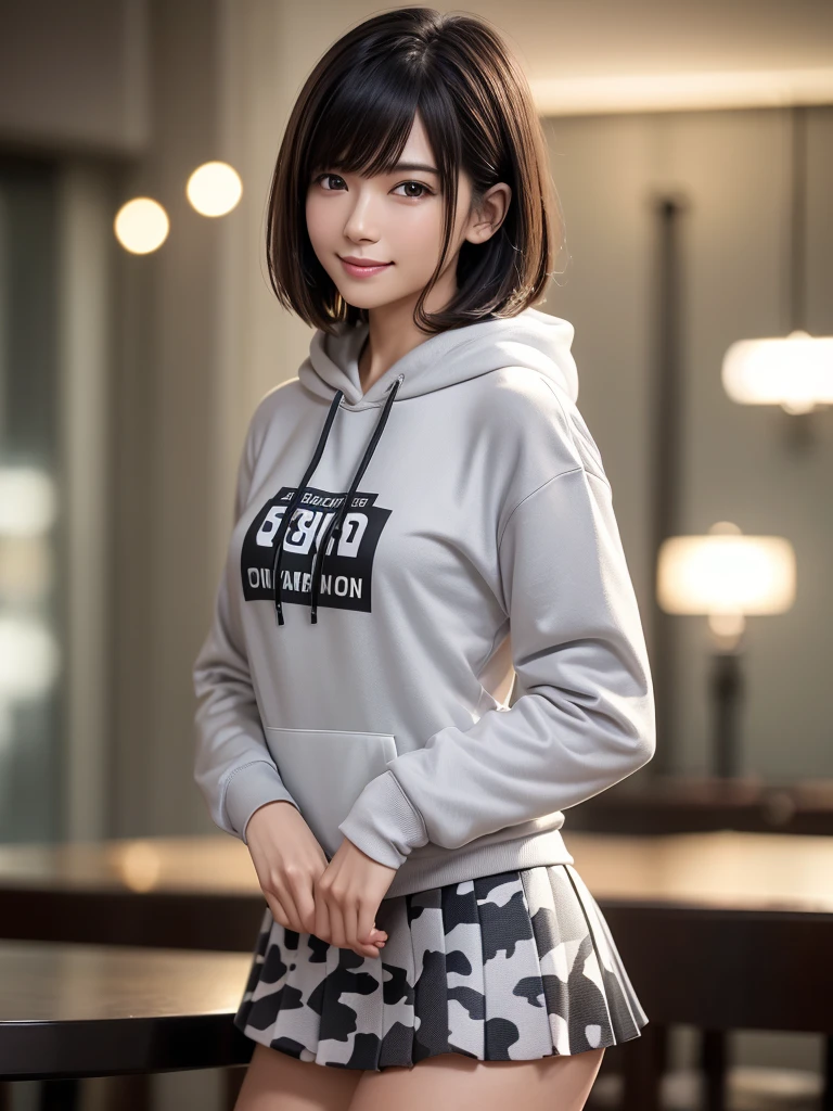 (8k, RAW Photos, highest quality, Tabletop:1.2), (Realistic, Photorealistic:1.4), (Highly detailed 8k wallpaper), Sharp focus, Depth of written boundary, Blur the background, Bokeh, Cinema Lighting, Soft Light, (whole body), 1 girl,18 years old famous Japanese idol, Perfect female body, indoor, (White and grey camouflage hoodie and black micro mini pleated skirt : 1.3), (Long, slender legs), (smile), Glossy lips, Beautiful fine details,Natural Makeup, Shiny and smooth light brown short bob hair, Asymmetrical bangs, Shiny skin, Center image, High resolution, Attention to detail, Detailed hairstyle, Detailed face, 素晴らしいCinema Lighting, Octane Rendering, Vibrant, Ultra-realistic, Perfect limbs, Perfect Anatomy