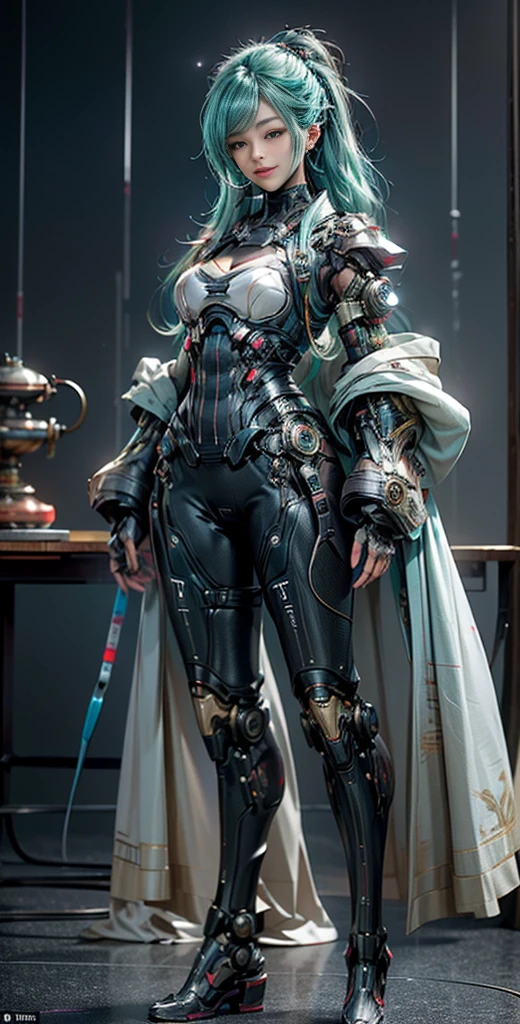 Super cuteness, Curvaceous, (64 K,cinematography of the highest quality),( masutepiece: 1.2), (Realistic, Photorealistic) (Tube attached to the body), (Bikini Cyborg Robot Parts), (aqua hair), Long hair,bun-hairstyle, Twin-tailed, medium shot, ( Seductive smile)), Double eyelids,Hutsune Miku, From below, (Whole body),Posing,,In the laboratory,( Mechanical neck attached to mechanical vertebral neck attached to back with tubes connected to blood vessels)),(Wires and cables mounted on the head and body),(Character Focus),Science fiction,Perfect female figure, parfect anatomy, Full body shot, detailed fingers,Smooth skin,Depth of field focus, (Ultra-realistic details)), contrast, shadow, Octane Rendering, 64k, Extremely sharp, Cleavage exposed, Rawhide, Exquisite decorative details, Japan Details, Very intricate details, realistic light, CG art Soation,  Neon details, Small LED lights.