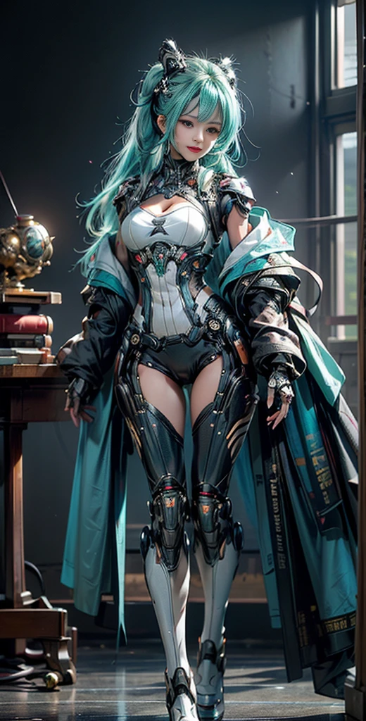 Super cuteness, Curvaceous, (64 K,cinematography of the highest quality),( masutepiece: 1.2), (Realistic, Photorealistic) (Tube attached to the body), (Bikini Cyborg Robot Parts), (aqua hair), Long hair,bun-hairstyle, Twin-tailed, medium shot, ( Seductive smile)), Double eyelids,Hutsune Miku, From below, (Whole body),Posing,,In the laboratory,( Mechanical neck attached to mechanical vertebral neck attached to back with tubes connected to blood vessels)),(Wires and cables mounted on the head and body),(Character Focus),Science fiction,Perfect female figure, parfect anatomy, Full body shot, detailed fingers,Smooth skin,Depth of field focus, (Ultra-realistic details)), contrast, shadow, Octane Rendering, 64k, Extremely sharp, Cleavage exposed, Rawhide, Exquisite decorative details, Japan Details, Very intricate details, realistic light, CG art Soation, Neon details, Small LED lights.