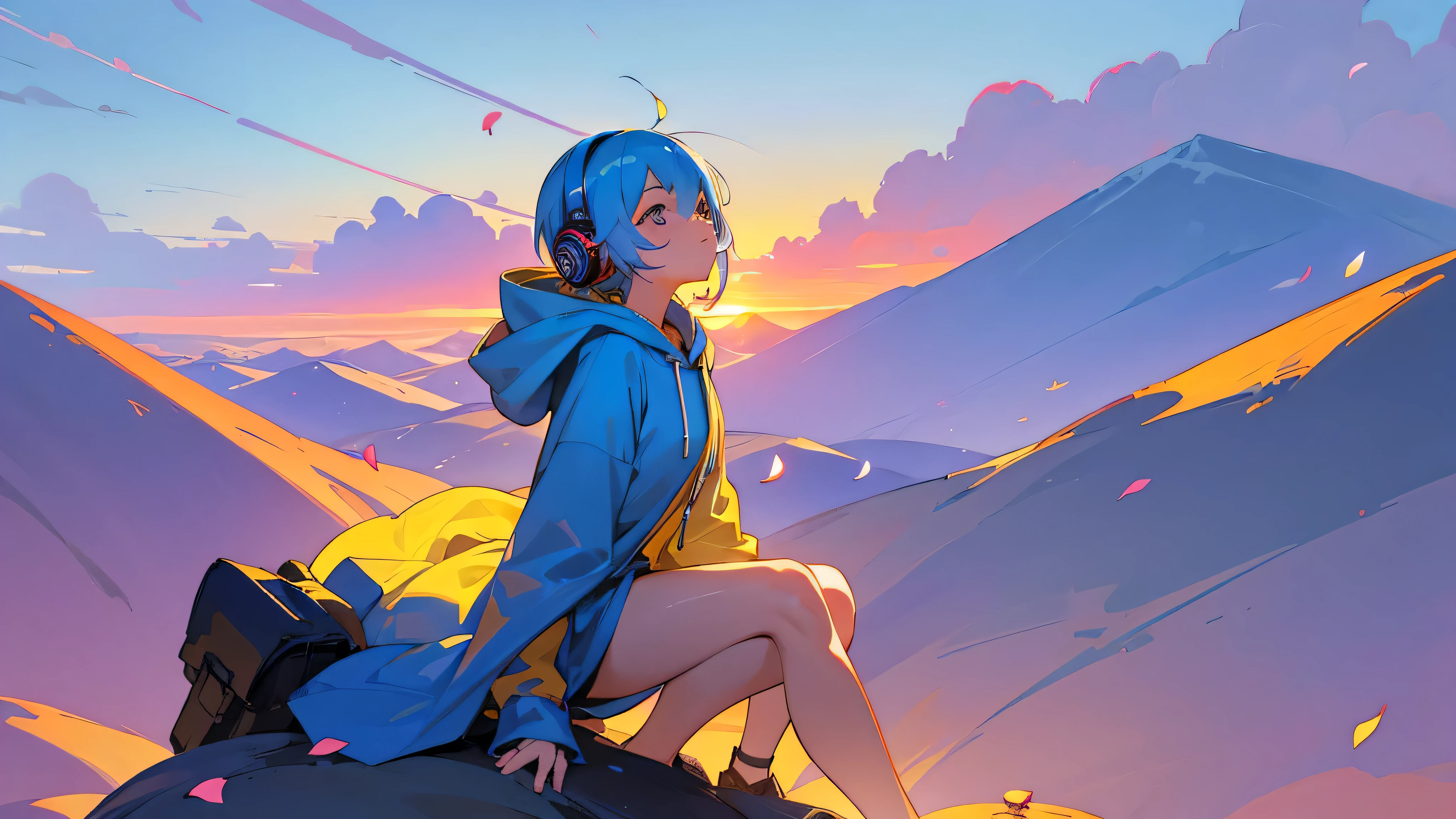 there is a blue haired girl sitting on the edge, look up at the sky, inspired by Peter Benjamin Graham, a wanderer on a mountain, girl wearing headphones, wearing a hoodie with a large hood, colorful petals dance around her, beautiful sunset,