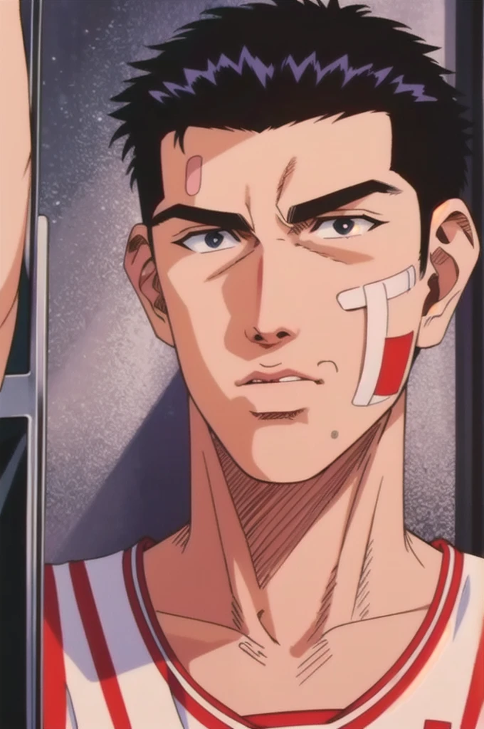 masterpiece,best quality,highres,Mitsui Hisashi,1boy,solo,black hair,black eyes,basketball uniform,bandaid on face,bandaid,bandages,looking at mirror,