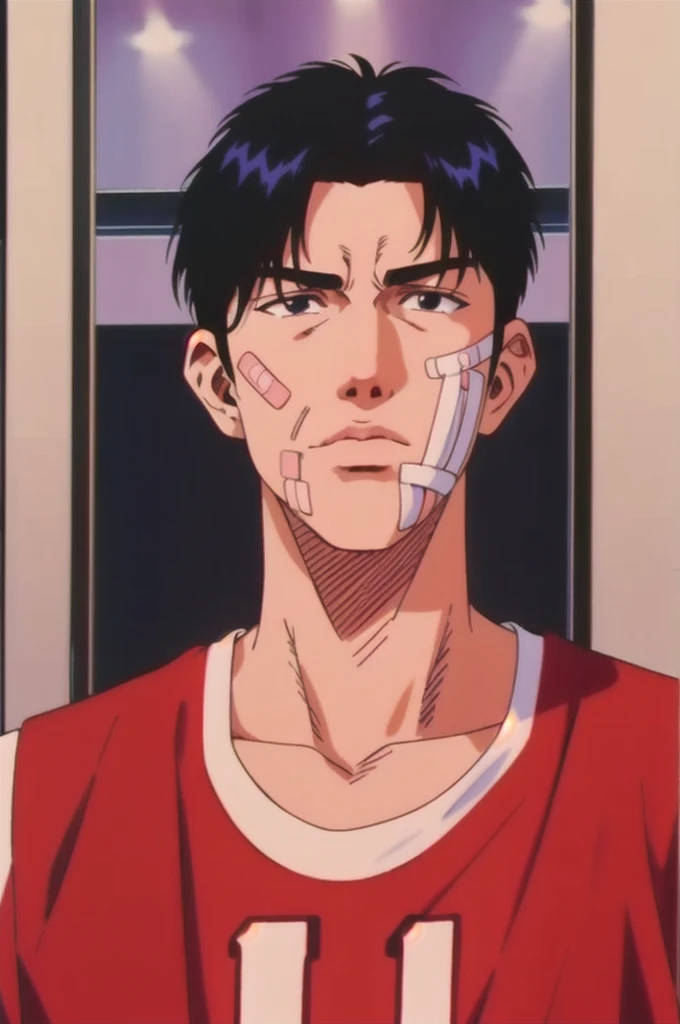 masterpiece,best quality,highres,Mitsui Hisashi,1boy,solo,black hair,black eyes,basketball uniform,bandaid on face,bandaid,bandages,looking at mirror,
