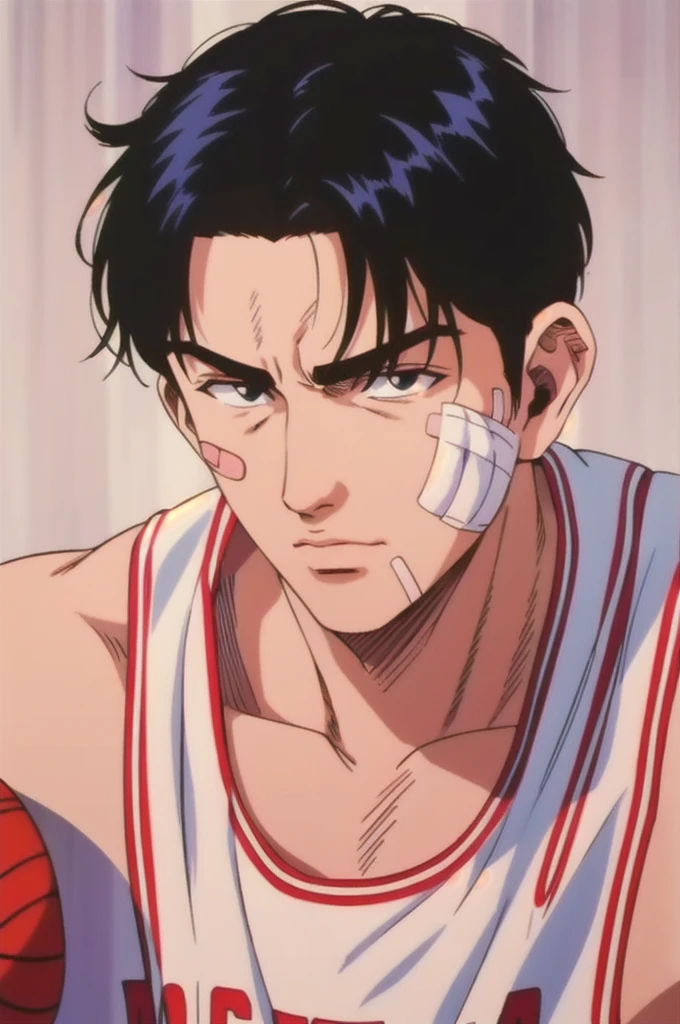 masterpiece,best quality,highres,Mitsui Hisashi,1boy,solo,black hair,black eyes,basketball uniform,bandaid on face,bandaid,bandages,looking at mirror,