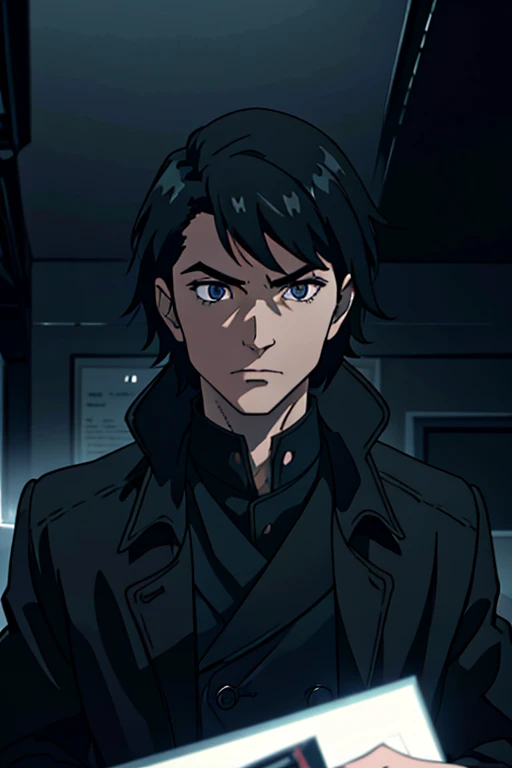 cinematic portrait of a young man with black hair, black medium length hairstyle, wearing a black trench coat, intricate details, photorealistic, dramatic lighting, cinematic composition, sharp focus, highly detailed, 8k, hyperrealistic, chiaroscuro lighting, moody atmosphere, neo-noir aesthetic, dramatic pose, penetrating gaze, atmospheric, dark and brooding, perfectly rendered, hyper detailed, masterpiece
