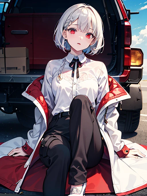 ((masterpiece)),((best quality)),official art,extremely detailed CG unity 8k wallpaper, masterpiece,best quality,female,bob cut,white hair,(white high heels),((red overcoat)),red pupil,((black cargo pants)),(((extremely detailed shirt))),extremely detailed light,beautiful detailed sky,black ribbon,beautiful detailed girl,beautiful detailed eyes and face,extremely detailed expression,side braid in the left,((single person)),white shirt inside