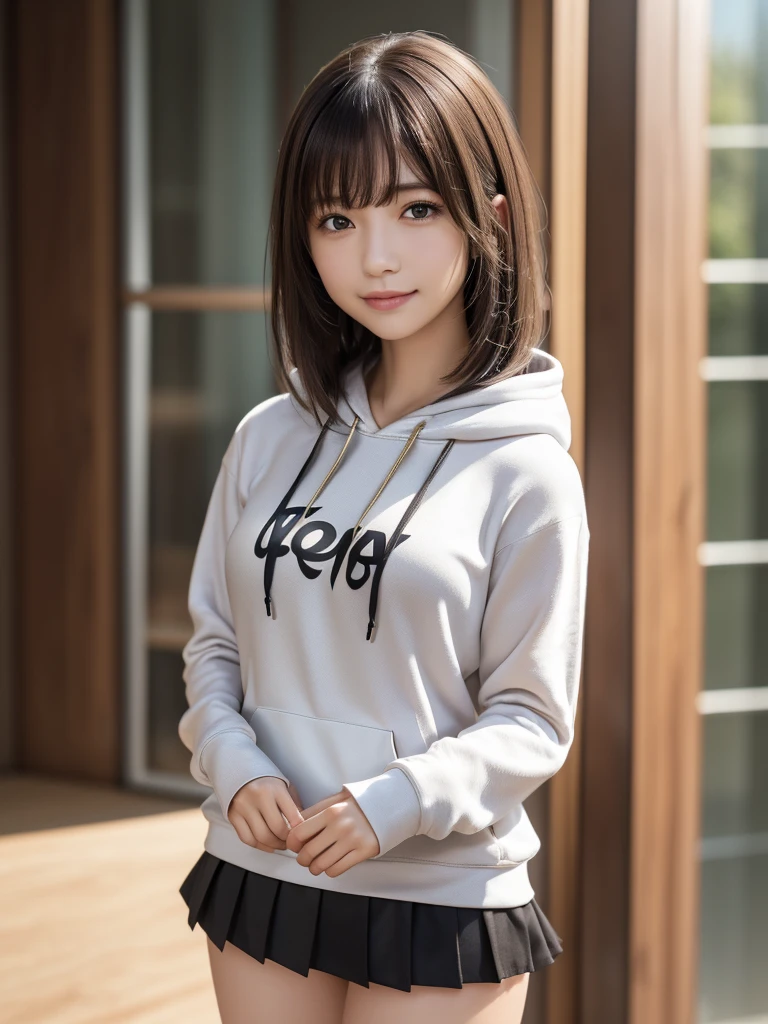 (8k, RAW Photos, highest quality, Tabletop:1.2), (Realistic, Photorealistic:1.4), (Highly detailed 8k wallpaper), Sharp focus, Depth of written boundary, Blur the background, Bokeh, Cinema Lighting, Soft Light, (whole body), 1 girl,18 years old famous Japanese idol, Perfect female body, indoor, (White and grey camouflage hoodie and black micro mini pleated skirt : 1.3), (Long, slender legs), (smile), Glossy lips, Beautiful fine details,Natural Makeup, Shiny and smooth light brown long bob hair, Asymmetrical bangs, Shiny skin, Center image, High resolution, Attention to detail, Detailed hairstyle, Detailed face, 素晴らしいCinema Lighting, Octane Rendering, Vibrant, Ultra-realistic, Perfect limbs, Perfect Anatomy