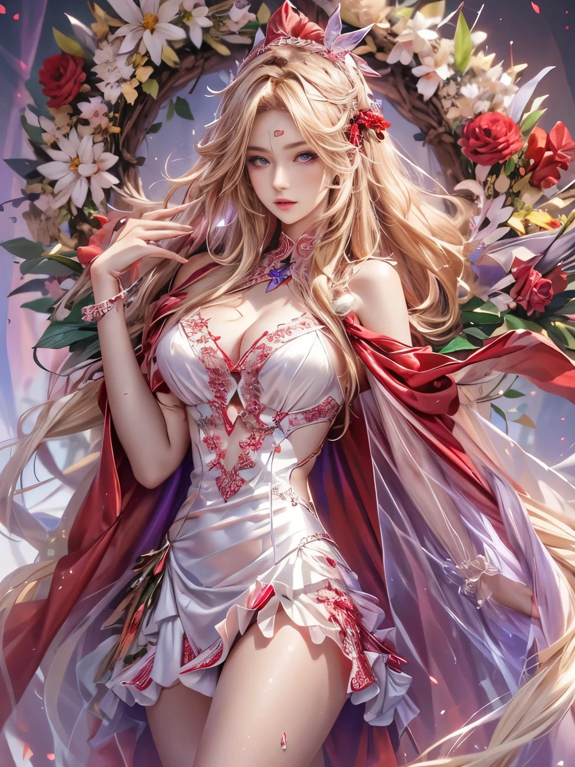 Ultra-high resolution, highest quality, photograph, 4K, (Realistic:1.4), Girl with a wreath on her head, Long Blonde Hair, Big firm Breasts, hard nipples, Sexy, Sharp Eyes, Break, dynamic sexy poses, sweat, wearing (red:1.2) see-through long frilly dress, lace long cape, jewelries, cleavage is exposed, Add light purple and purple, Add Light Red, Intricate details, Splash screen, 