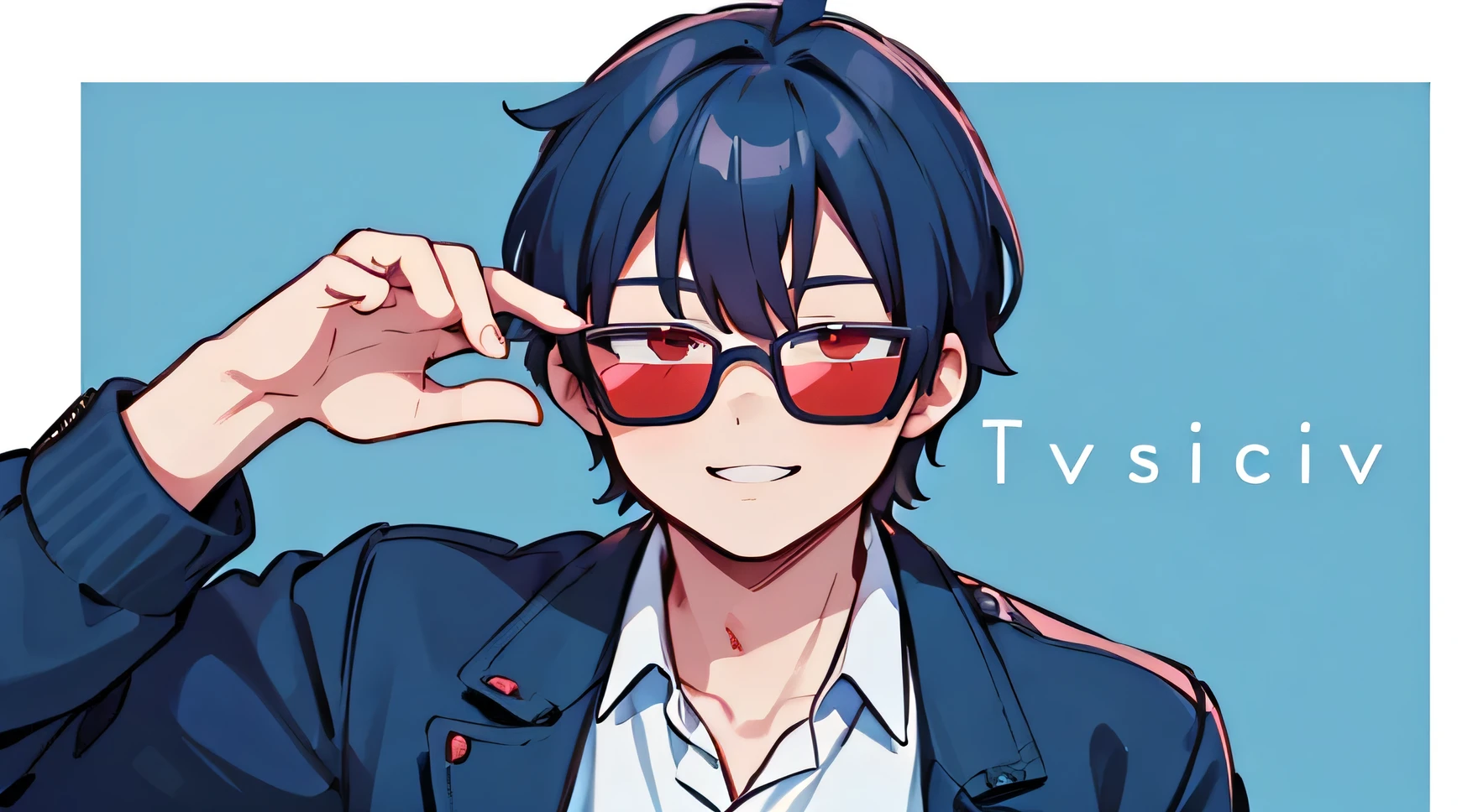 Cute man with dark blue hair and red eyes smiling while wearing sunglasses