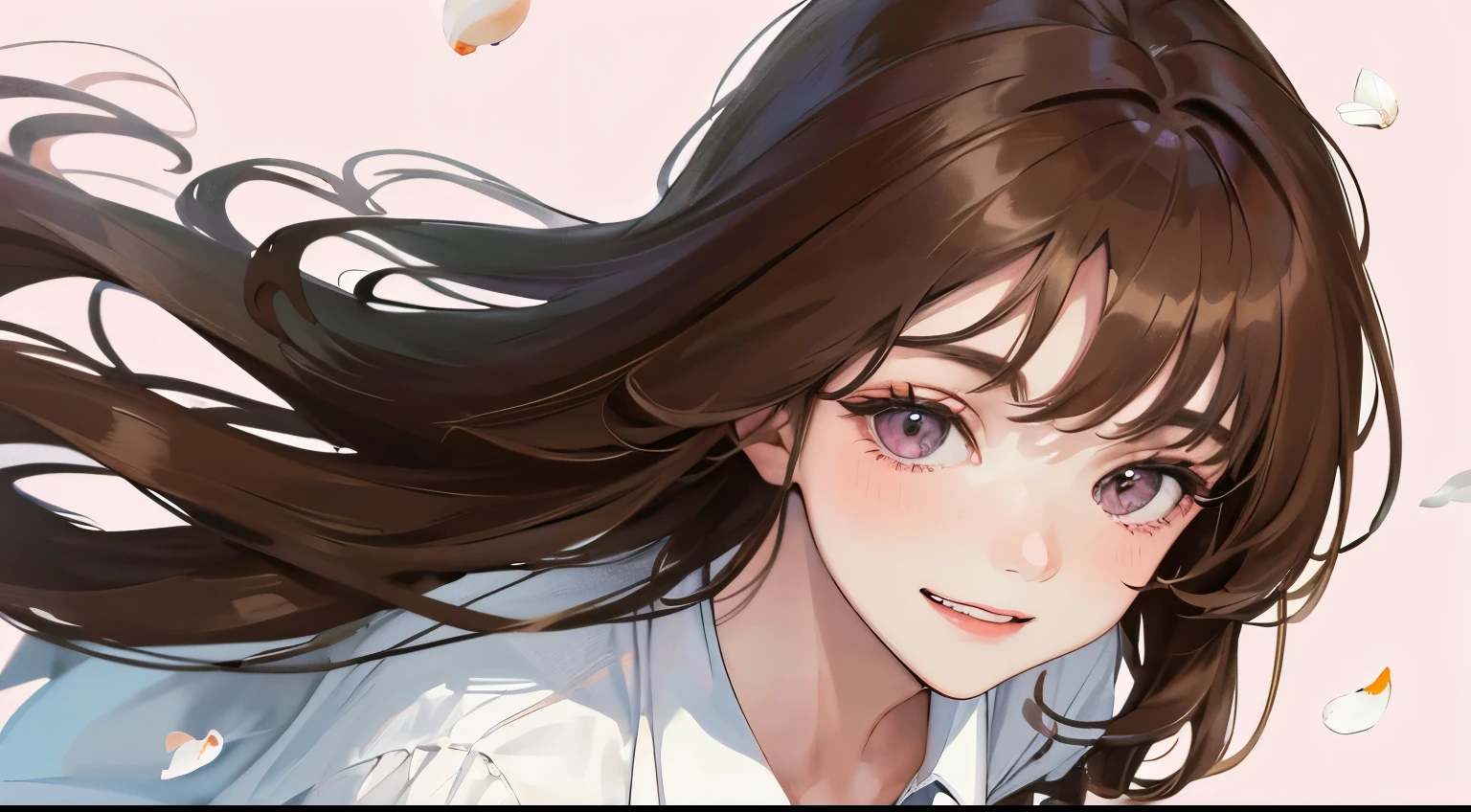 Cute girl with eyes closed,dreads,Long brown hair,a white long skirt,Beige coat,Small broken flowers,illustration,Background cherry blossom blur,Black night background,horrified expression,eye closeds,eyebrows very,nase,The mouth,Brown hair